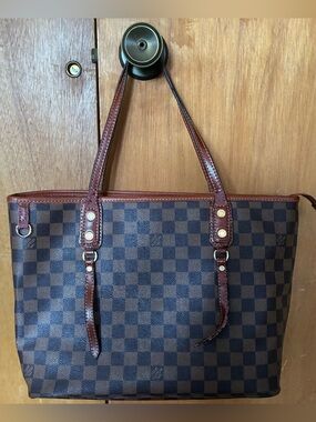 Luis Vuitton Brown Checkered Tote Bag with Dark Brown Trim
